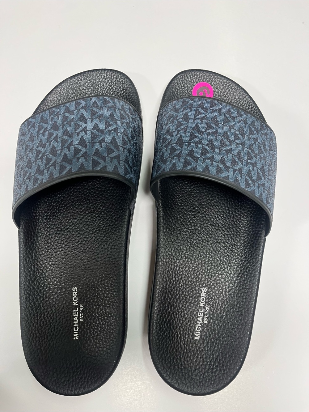 Michael Kors Black Slides with Navy MK Monogram Strap